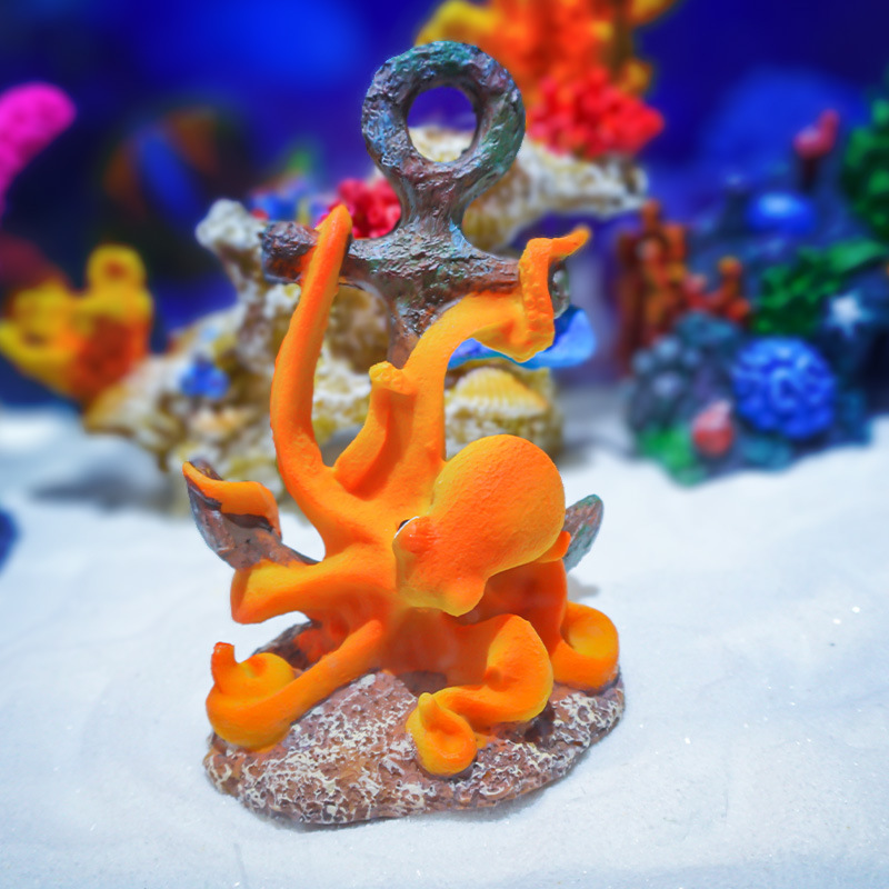 Aquarium Fish Monster - レトロな樹脂製風景飾り、タコとウミガメが描かれた海の怪物テーマの装飾、水槽の景観装飾