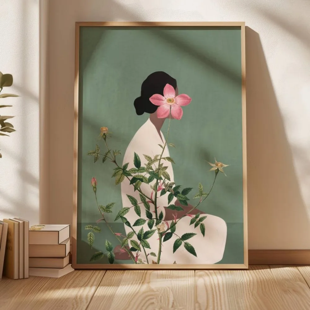 Live Plant Fertilizer - フレームレスグリーンフラワーヘッド女性ウォールアート、抽象文字、花植物ポスターキャンバス絵画、リビングルームの壁デコレーション用