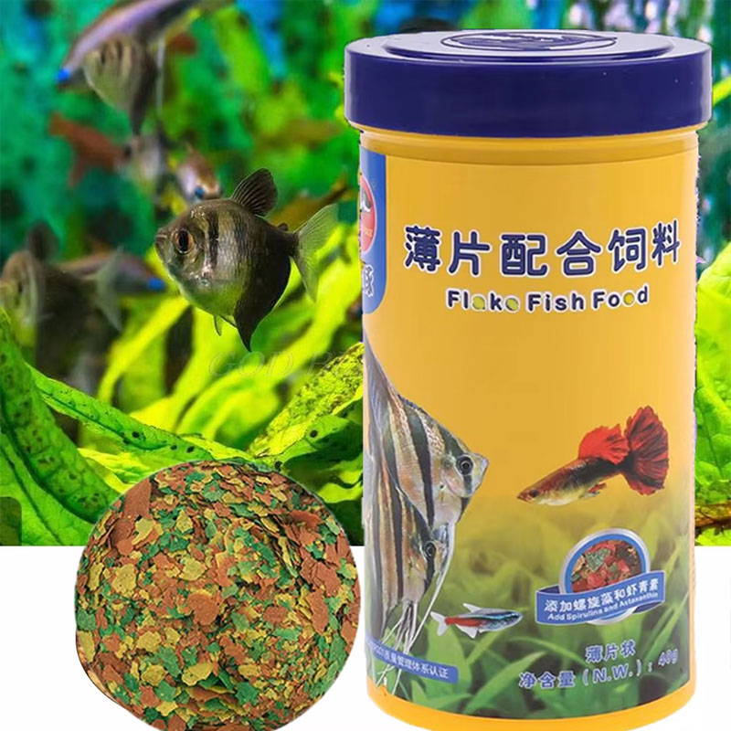 Fish Food Flake - 新しい健康魚用フードフレーク 魚用色素と輝きを与える飼料 高栄養熱帯魚成長促進 40g/ボトル