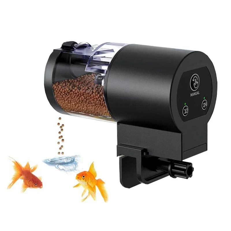 Aquarium Fish Feeder Automatic - 100mlデジタル自動給餌器、タイマー付きプログラム可能水槽用フードディスペンサー、IP66防水、池やカメの水槽に最適