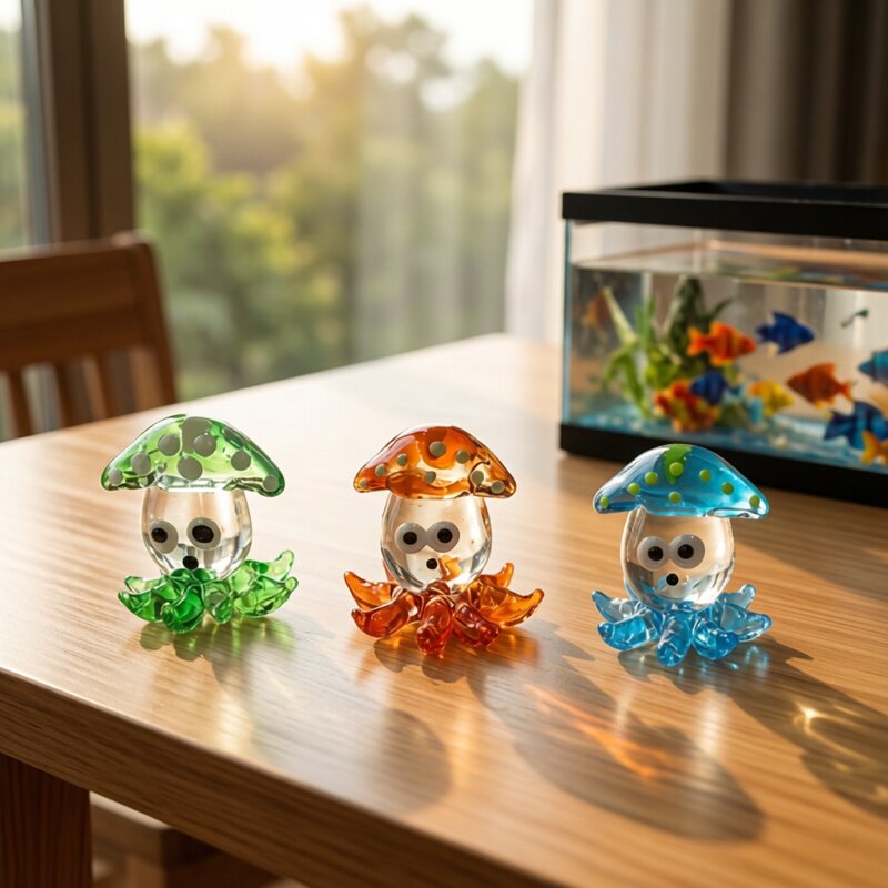 日本のかわいいミニガラス製イカの置物、手作りの小さな漫画風タ - Aquarium Fish Japan のレビューと価格